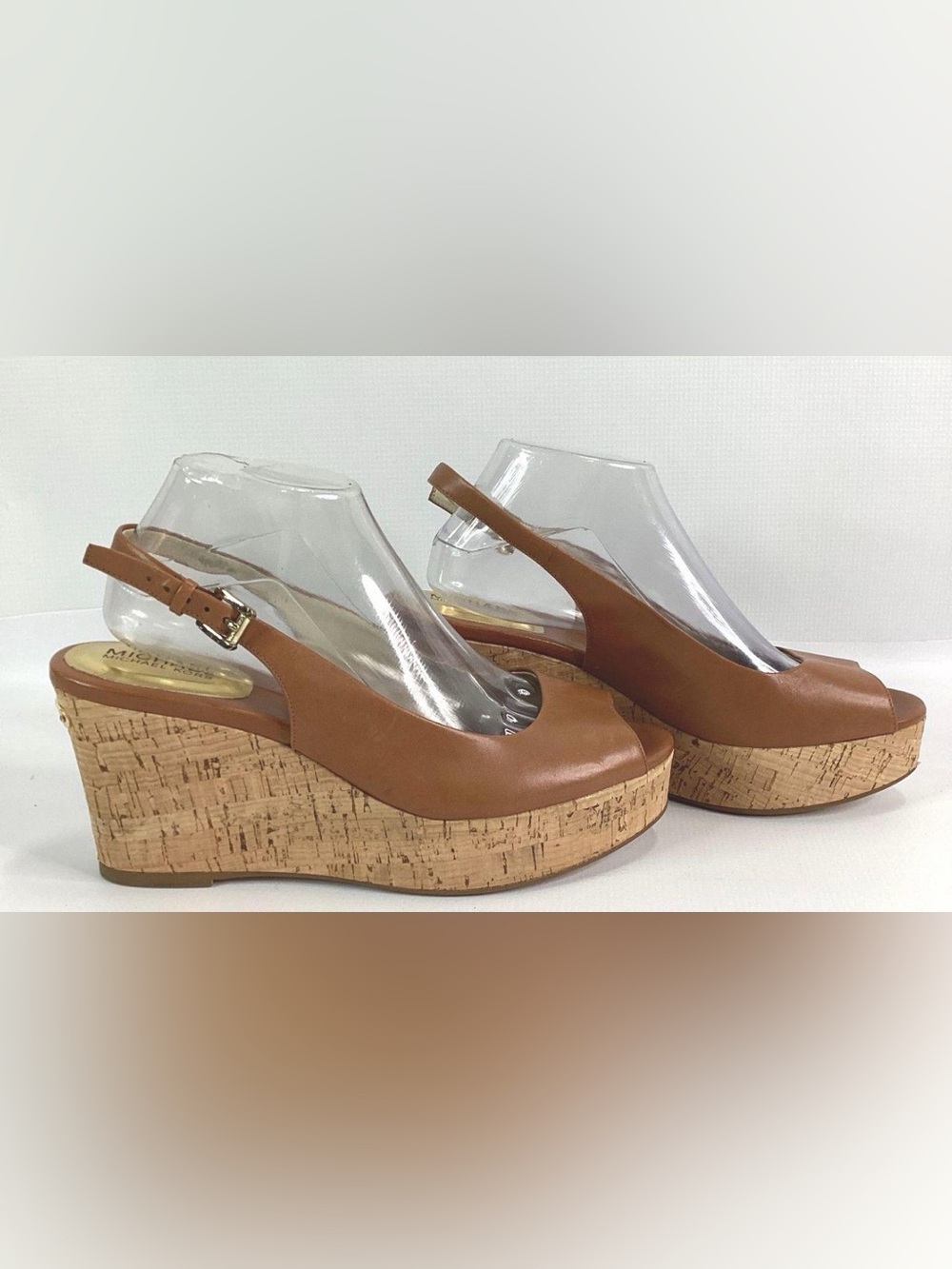 Michael Kors Women's Natalia Sling Brown Leather Wedge Platforms Size 10M
